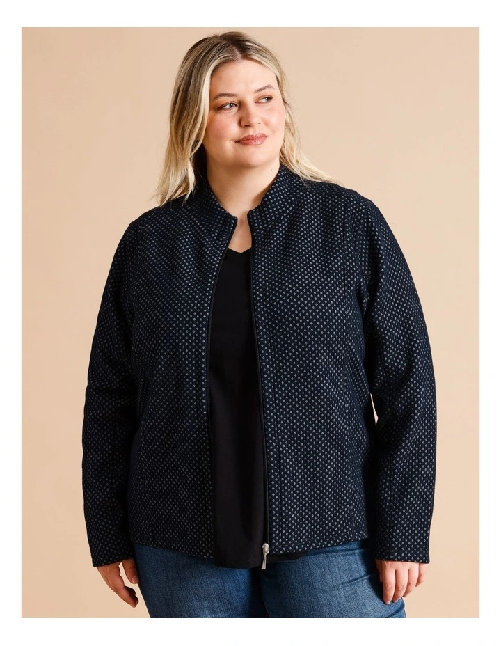 Recycled Polyester Blend Zip Thru Honeycomb Jacquard Sweat Top in Navy