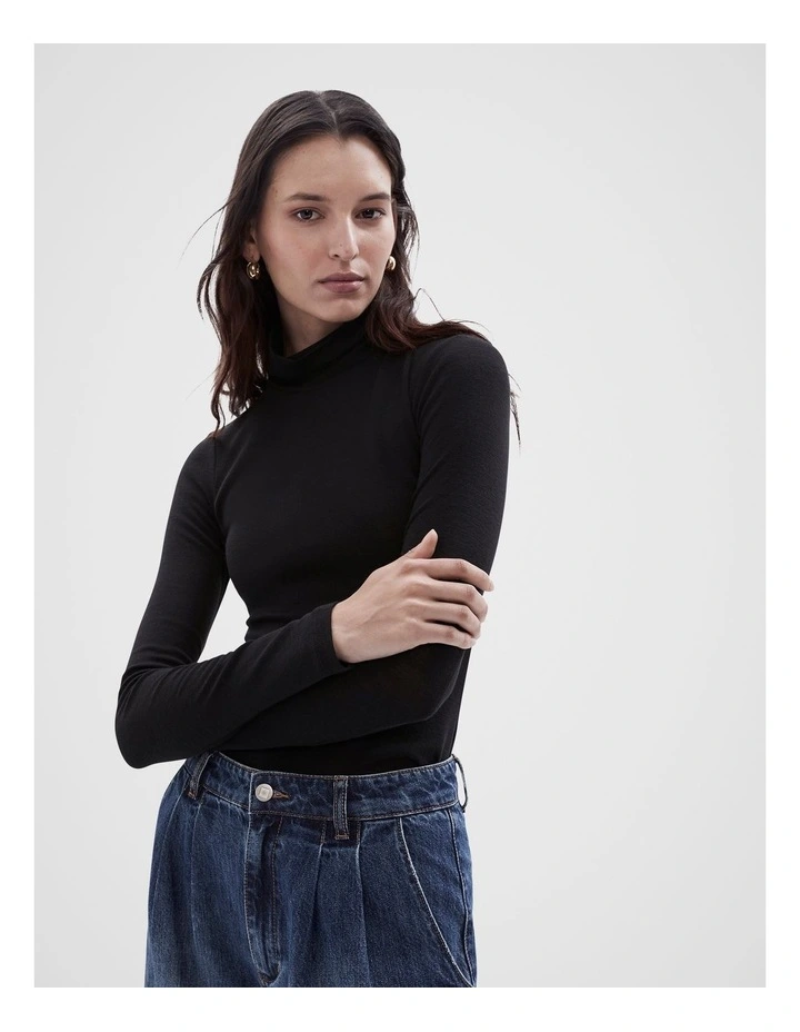 High Neck Long Sleeve Top in Black