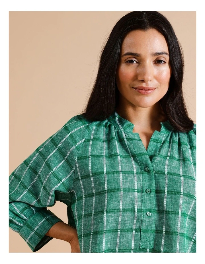 Organic Cotton Blend Stand Collar 3/4 Full Sleeve Top in Green Check