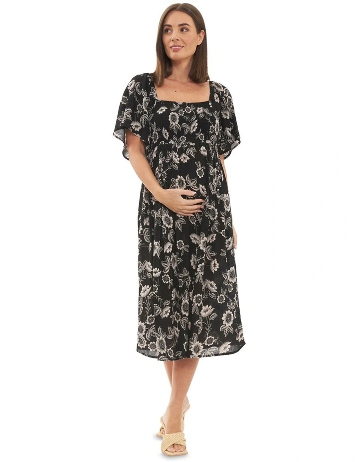 Trina Shirred Dress in Black/Natural