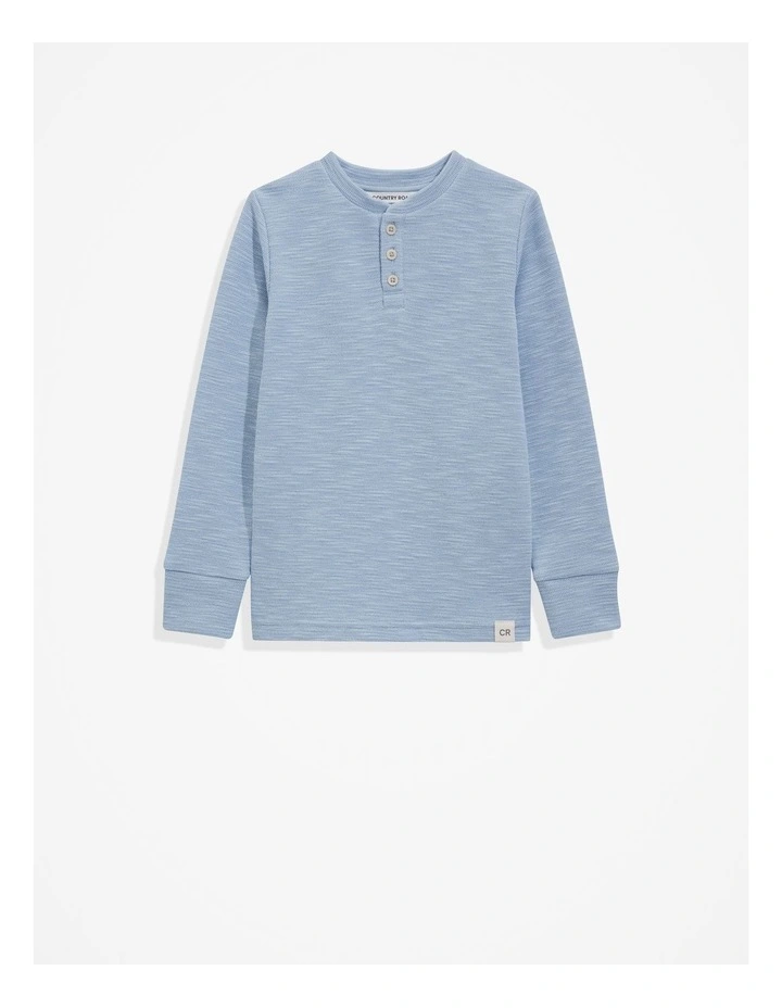 Blend Slub Texture Henley Sweat Top in Washed Blue