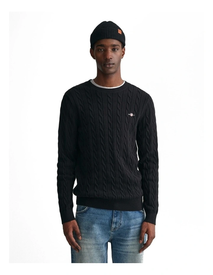 Cotton Cable Knit Crew Neck Sweater in Black