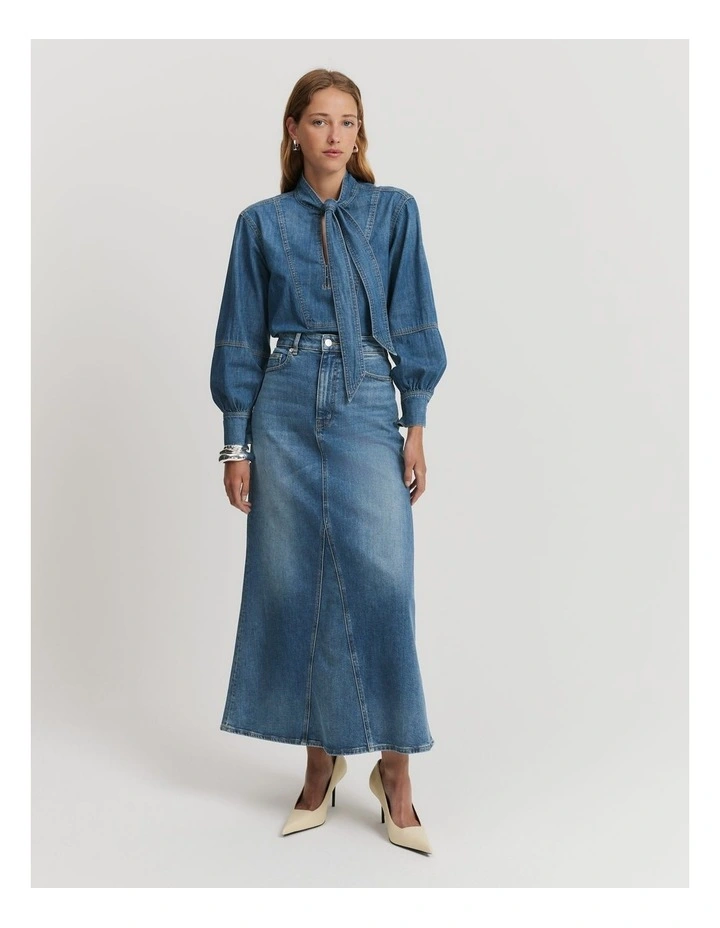 Godet Detail Denim Skirt in Mid Blue Wash
