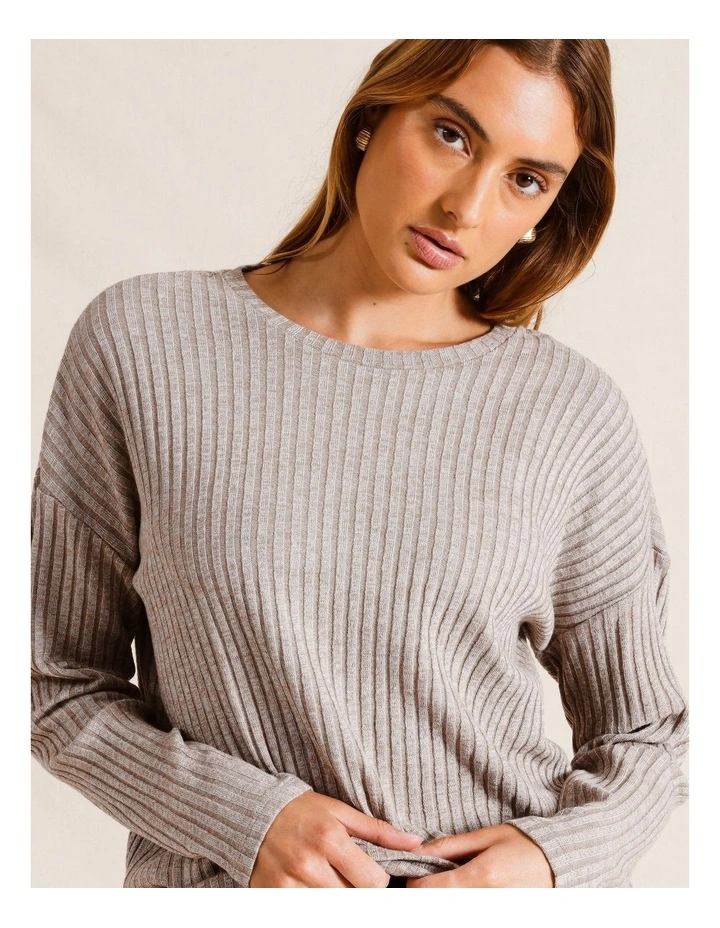 Long Sleeve Drop Shoulder Rib Top in Beige