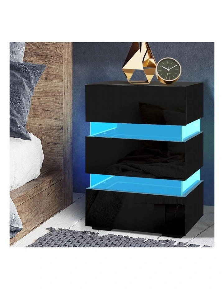 LED 3 Drawers Lumi Bedside Table in Black