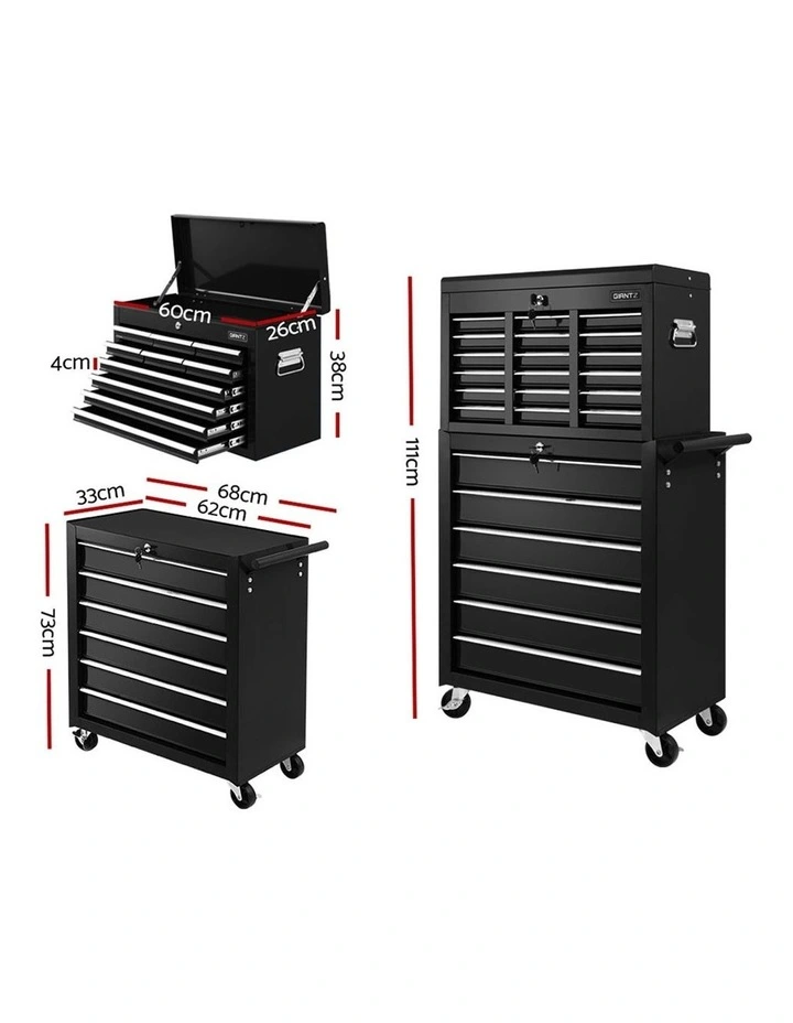 16 Drawers Tool Box Chest Trolley Black
