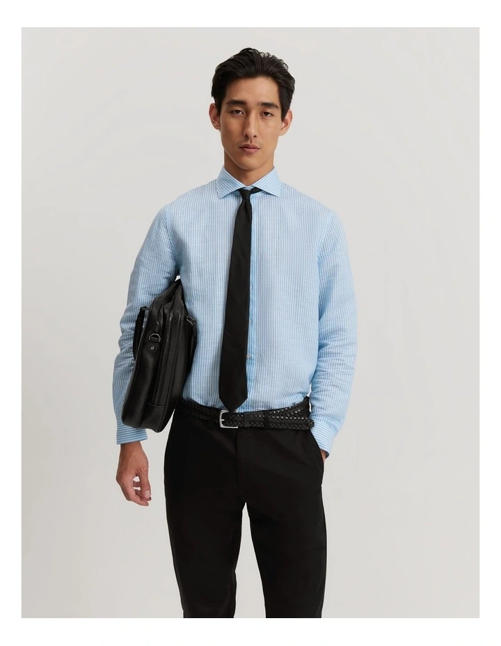 Tailored Fit Cotton Linen Stripe Shirt in Light Blue