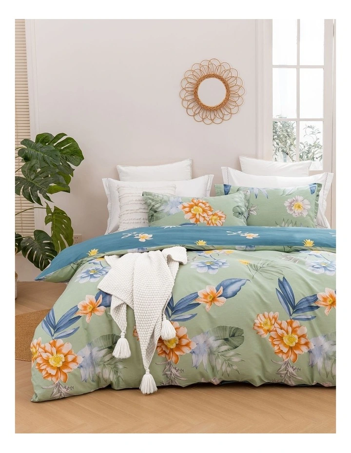 Paradise Floral Cotton Reversible Quilt Cover Set in Mint