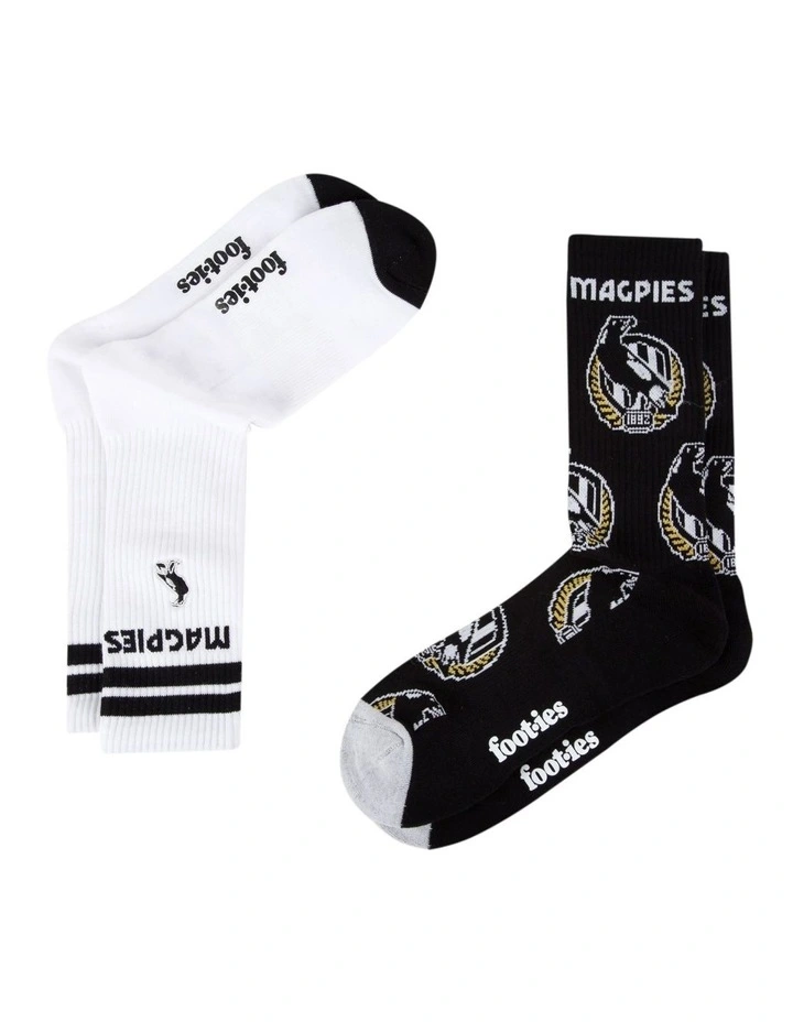 Collingwood Magpies Mascot Sports Crew Socks 2 Pack in Multi