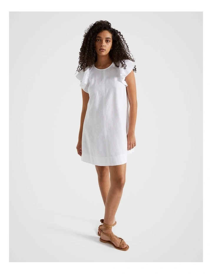 Core Linen Frill Sleeve Mini Dress in Whisper White