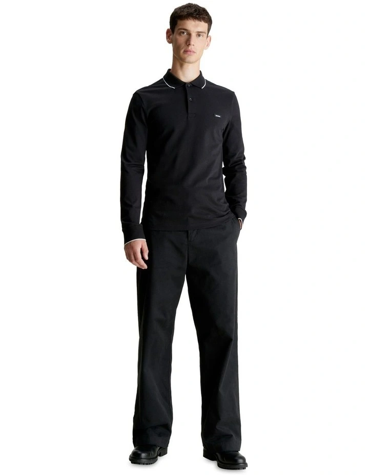 Stretch Pique Tipping Long Sleeve Polo Shirt in Black