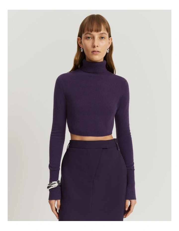 Gcs-certified Cashmere Blend Cropped Roll Neck Knit in Eggplant