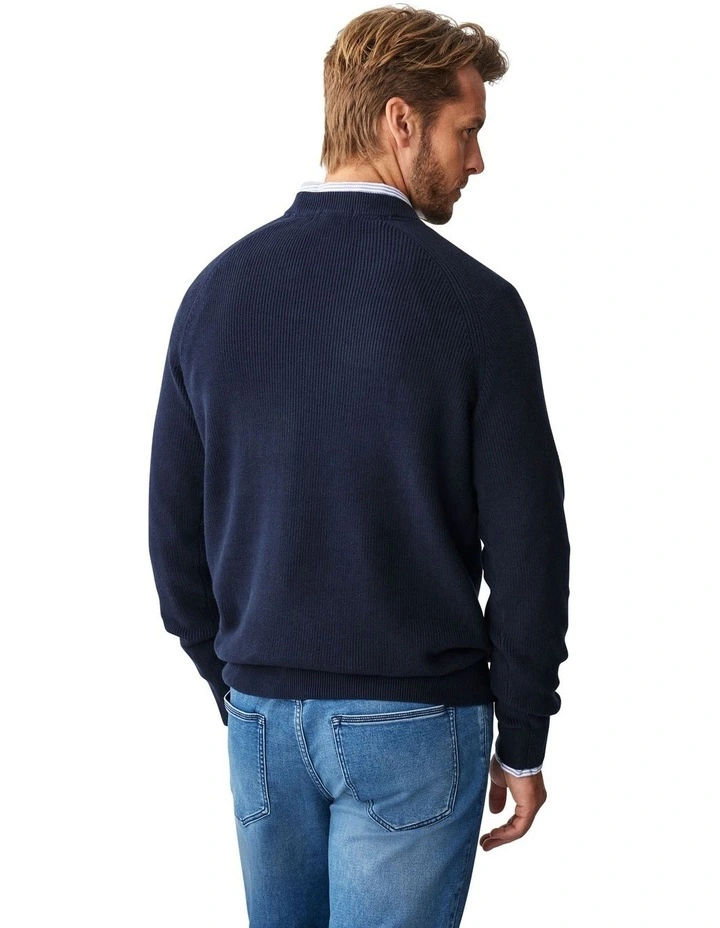 Cotton Raglan Crew Knit Sweater in Navy