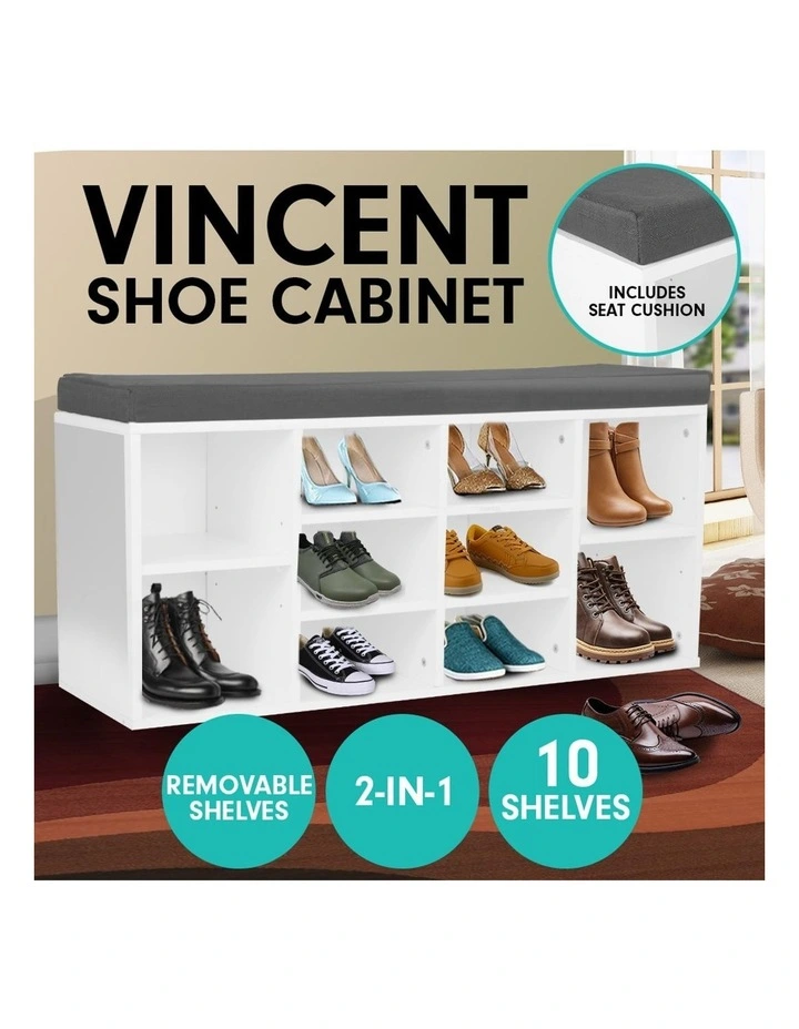 Shoe Rack Cabinet Organiser Grey Cushion 104 x 30 x 45 White