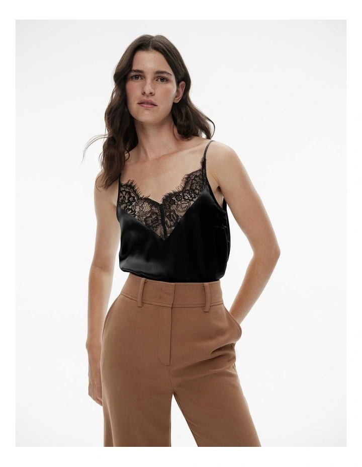 Silk Satin Lace Camisole in Black