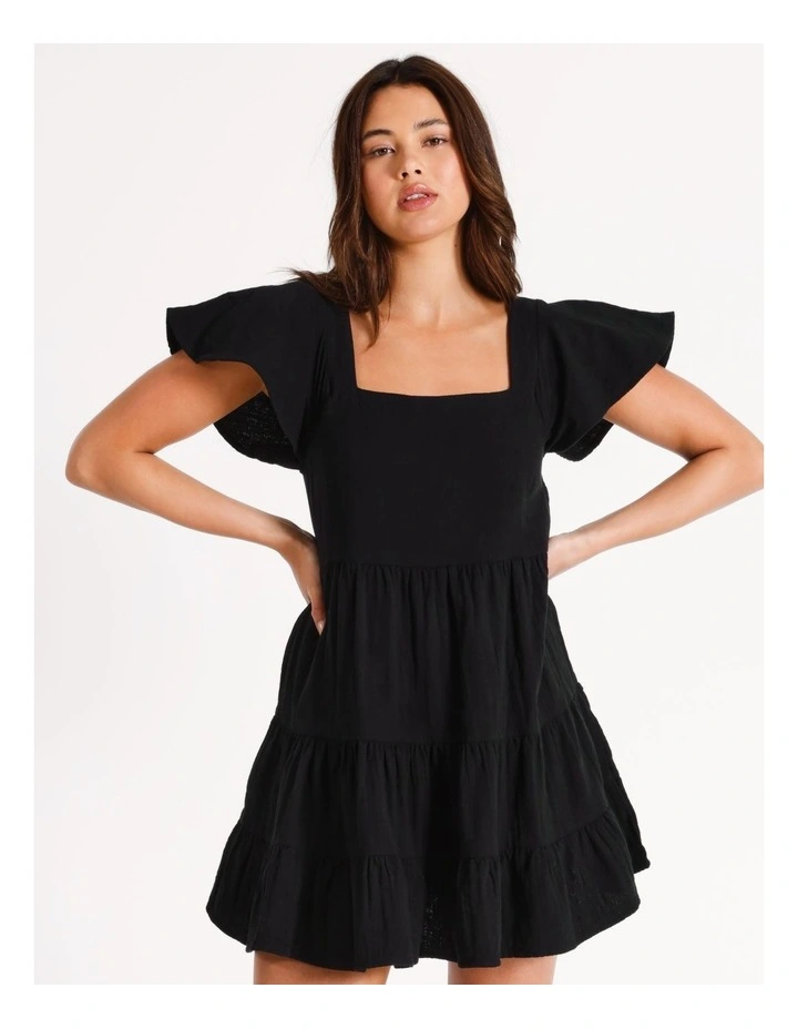 Cheesecloth Tiered Mini Dress in Black
