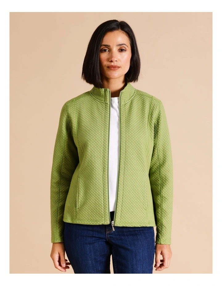 Recycled Polyester Blend Zip Thru Honeycomb Jacquard Sweat Top In Avocado