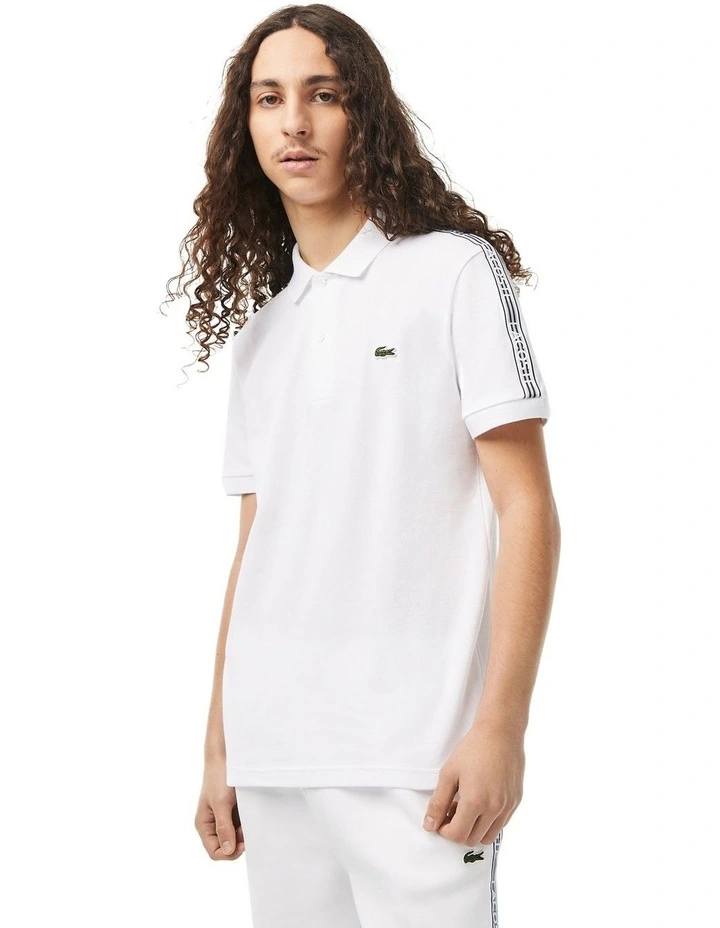 Logo Tape Stretch Mini Pique Polo Shirt in White