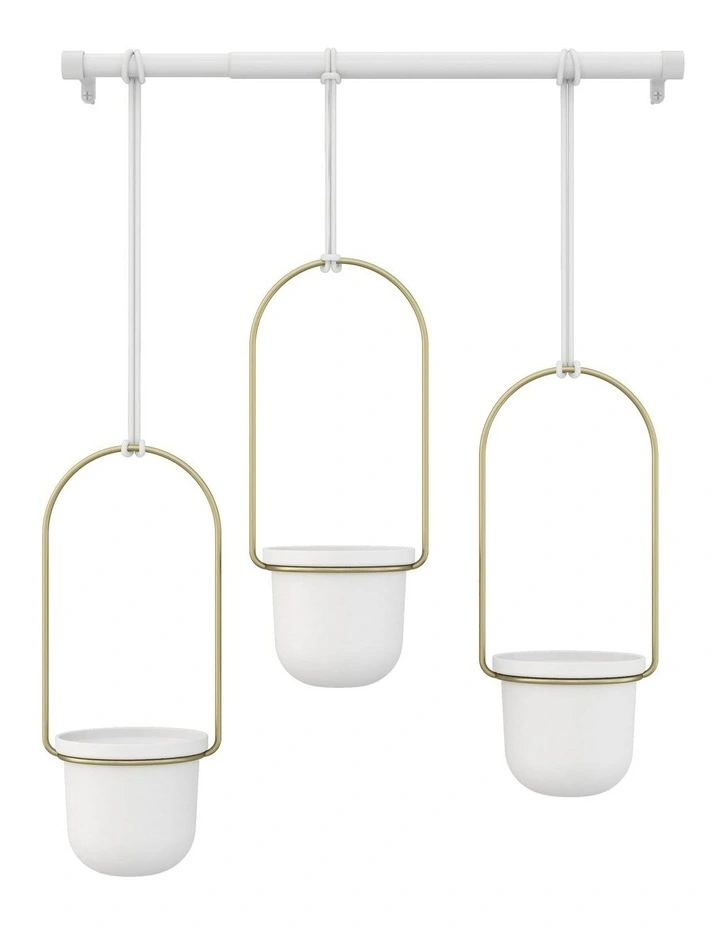 Triflora Hanging Planter in White/Brass