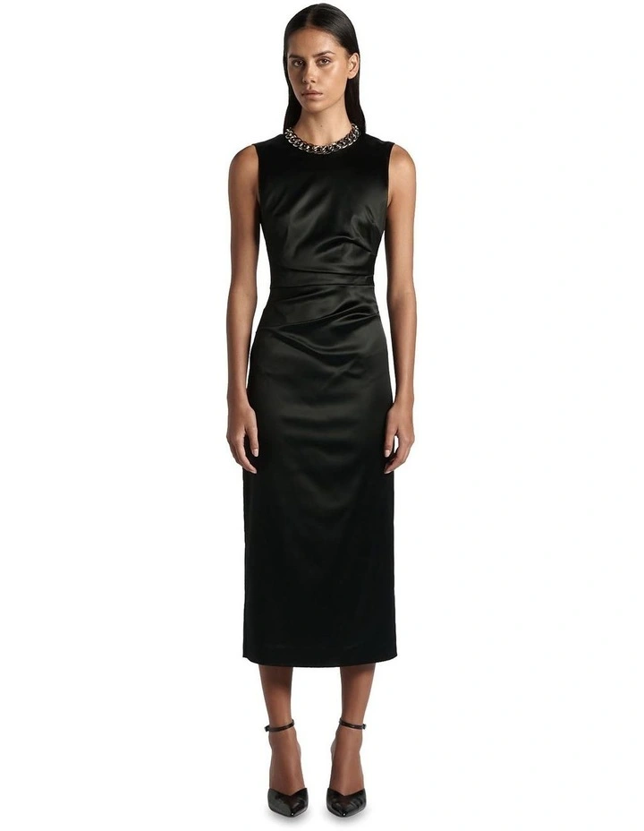 Pleat Detail Midi Dress in Black