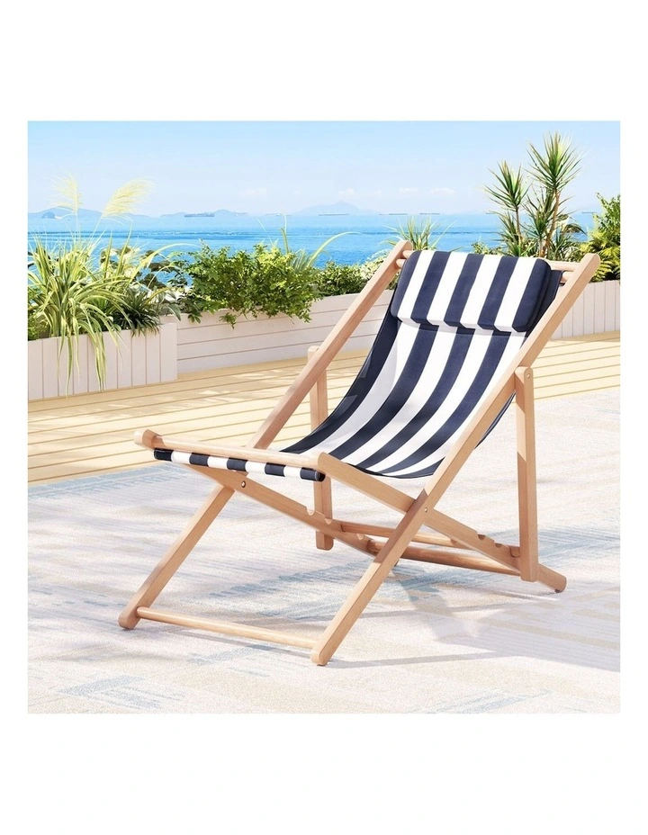 Wooden Sun Lounge Folding Beach Chair in Blue