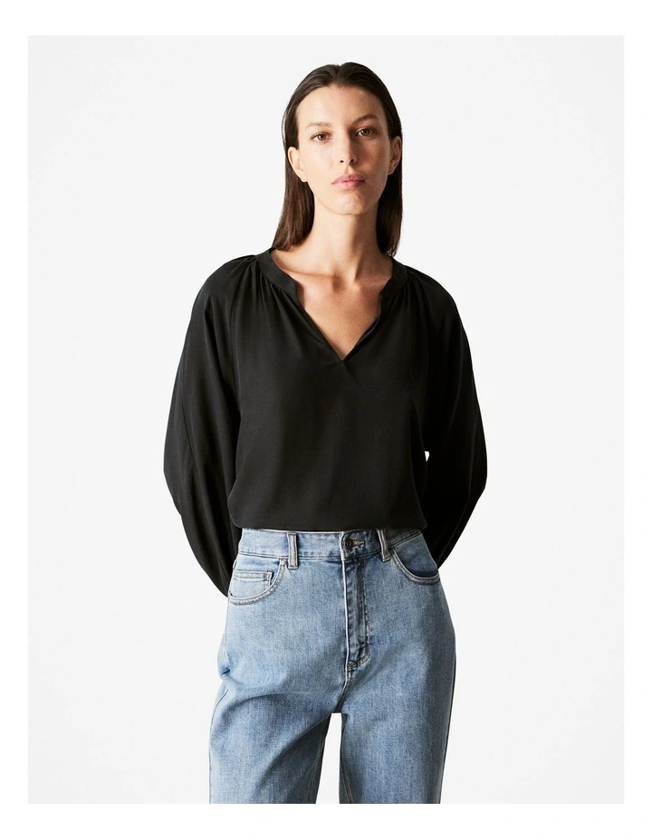 Cupro Blend Blouson Sleeve Blouse in Black