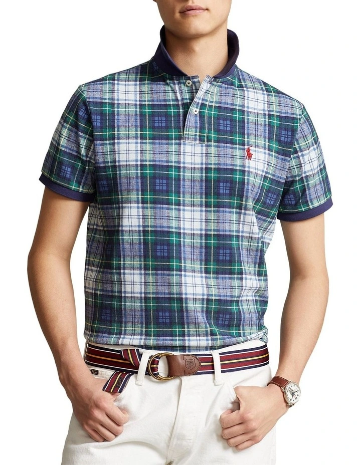 Custom Slim Fit Plaid Polo Shirt in Blue