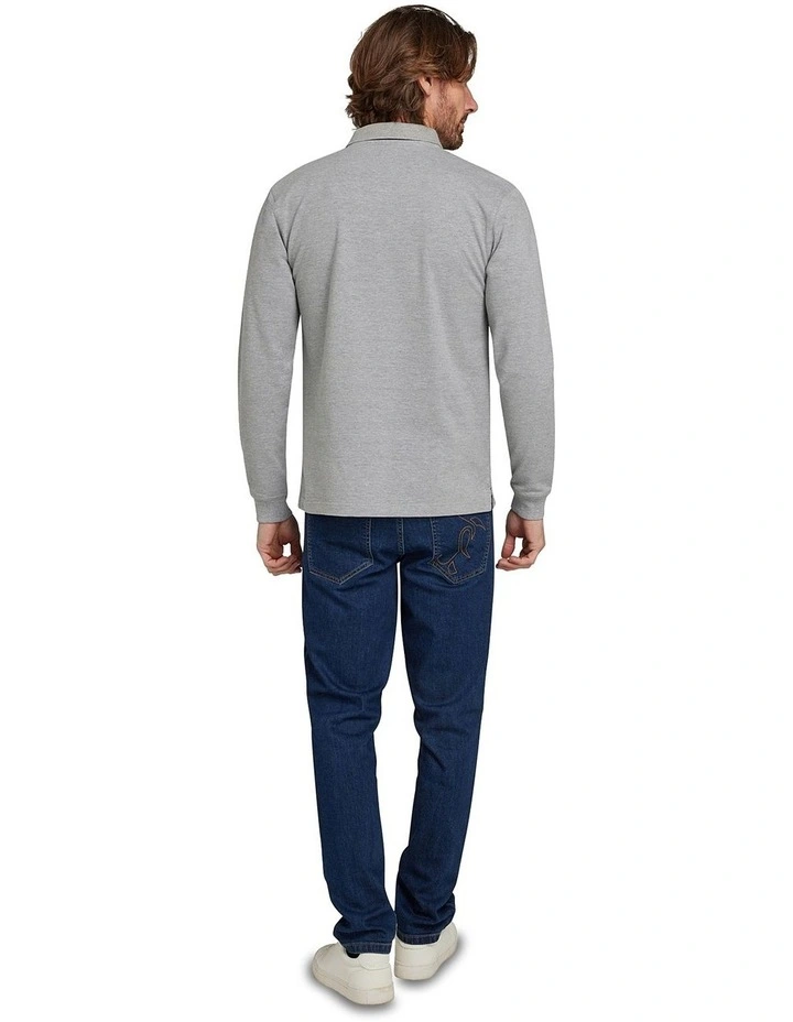 Classic Pique Patch Long Sleeve Polo Shirt in Grey Marl