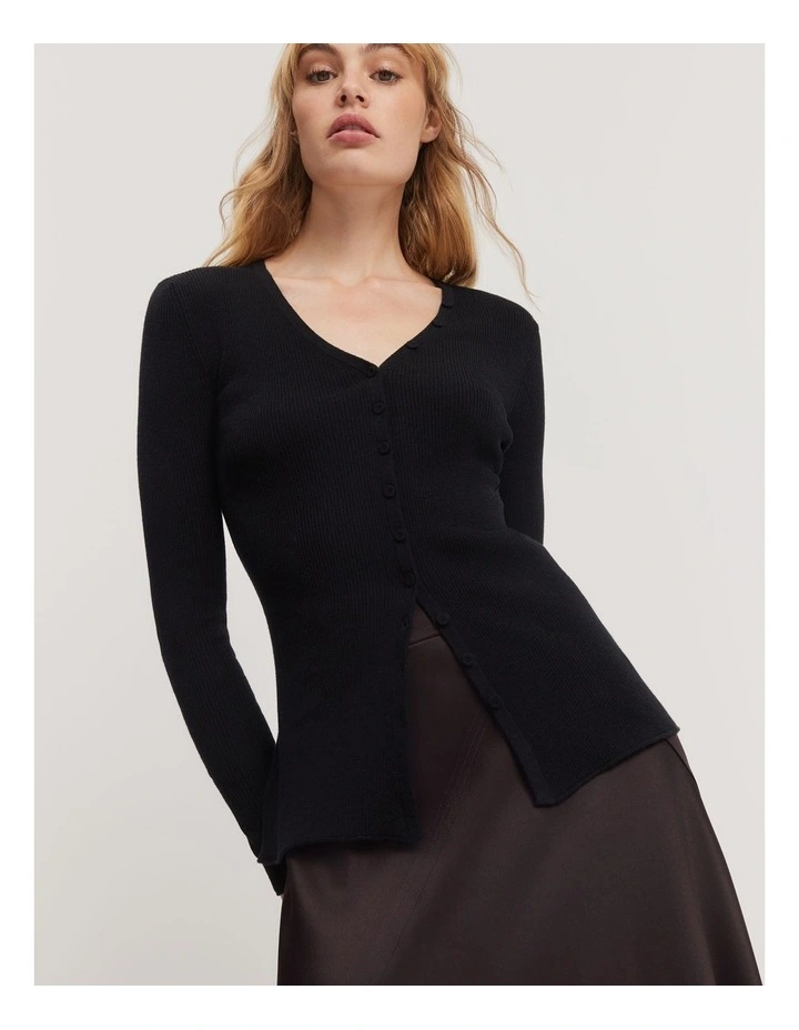 Australian Merino Wool Silk Rib Cardigan in Black