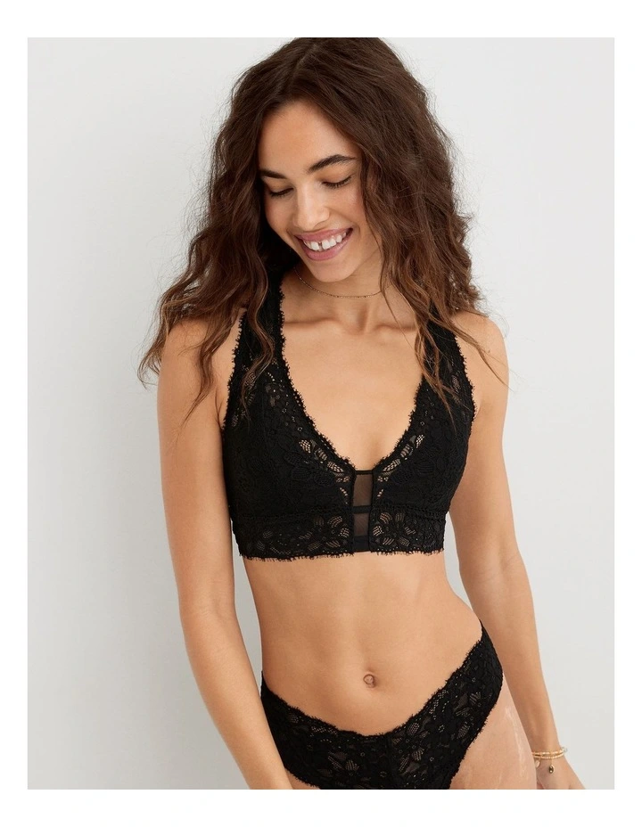 Eyelash Lace Padded Plunge Bralette in True Black