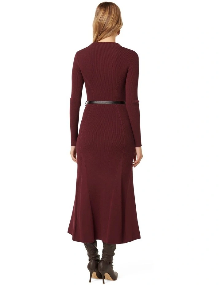 Lily Fluted Hem Knitted Dress in Burgundy