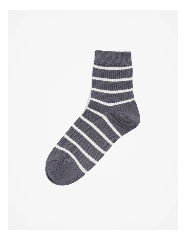 Australian Cotton Blend Rib Quarter Crew Stripe Sock in Mineral