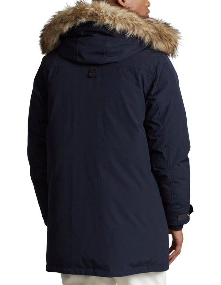 Water-Repellent Faux-Fur-Trim Down Parka Jacket in Navy