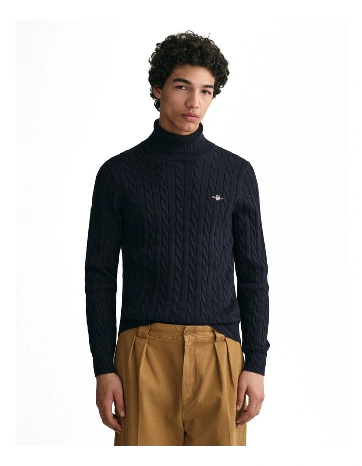 Cotton Cable Knit Turtleneck Sweater in Evening Blue