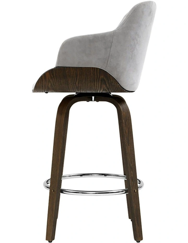Wooden Swivel Velvet Padded Bar Stool Set of 2 in Grey