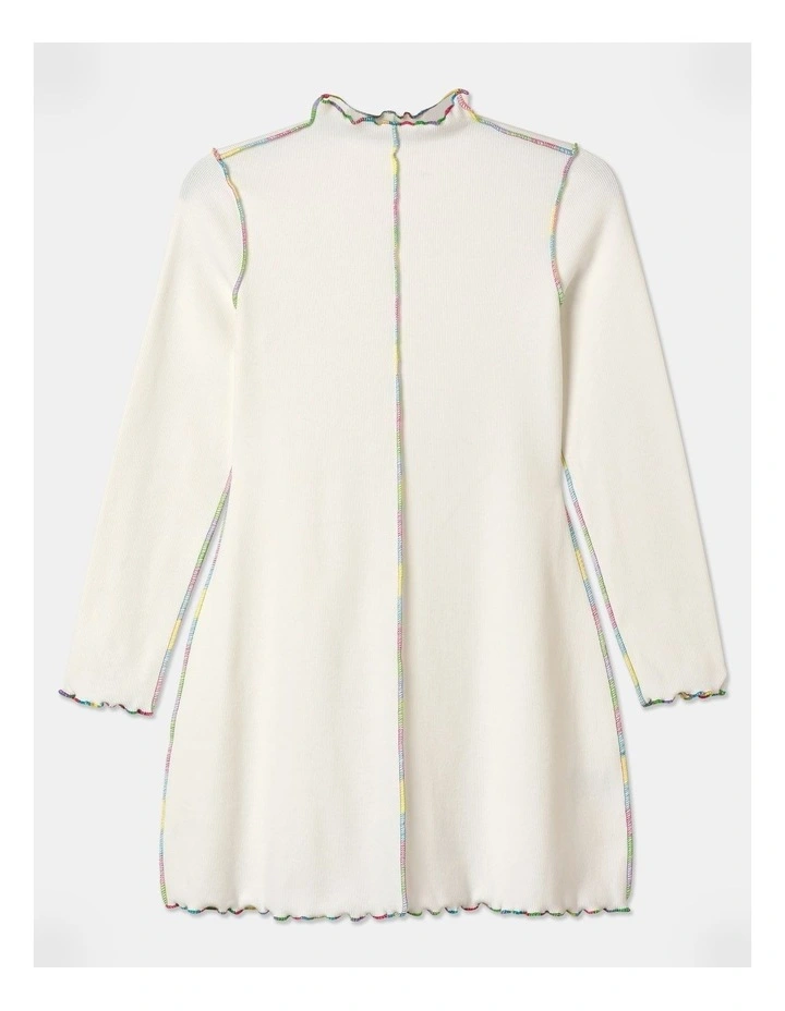 Long Sleeve Rib Fit and Flare Dress in Vanilla