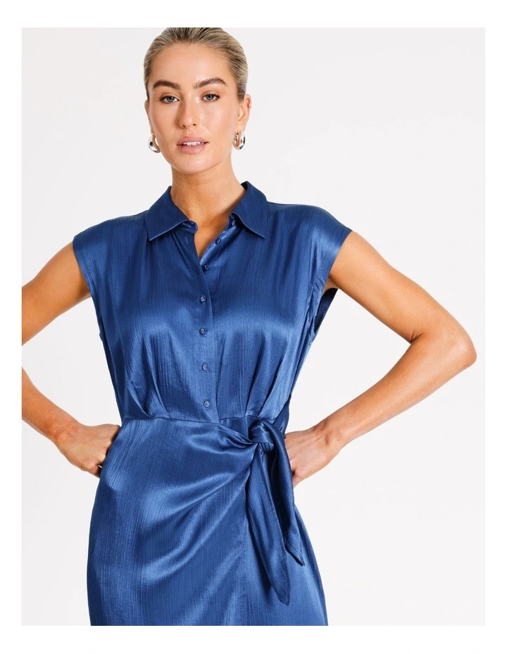 Crinkle Satin Short Sleeve Shirt Dress in Cobalt