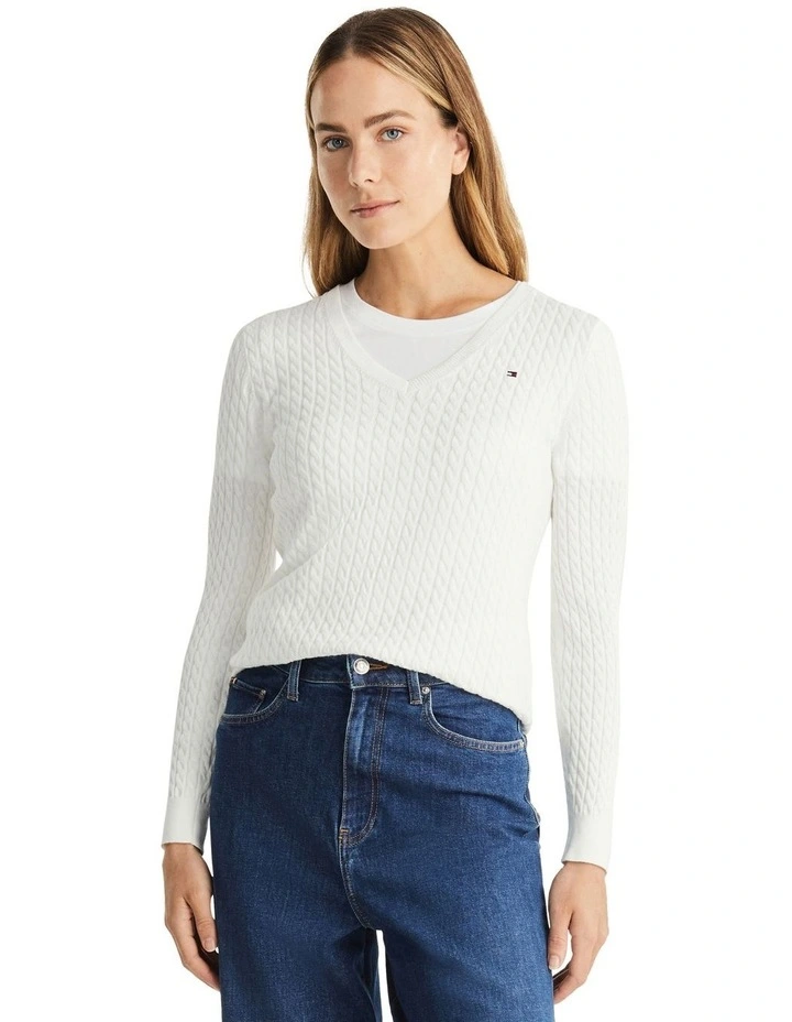 Skinny Cable V-neck Sweater in White