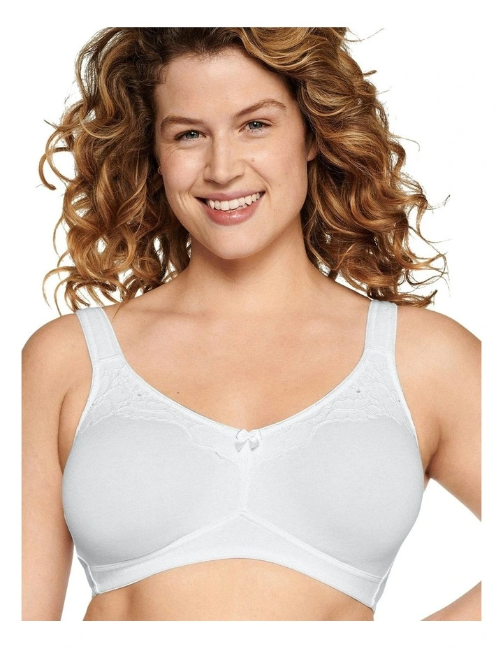 Wide Strap Wirefree Cotton Bra With Lace in White