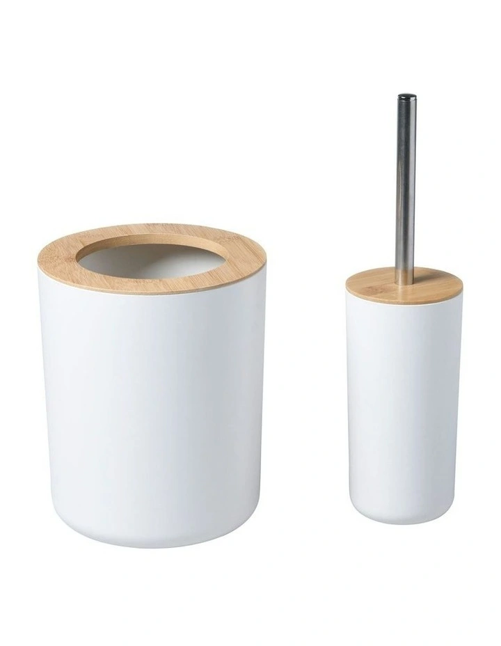 Takae Bamboo Toilet Brusher and Rubbish Bin Set 2 Piece in White