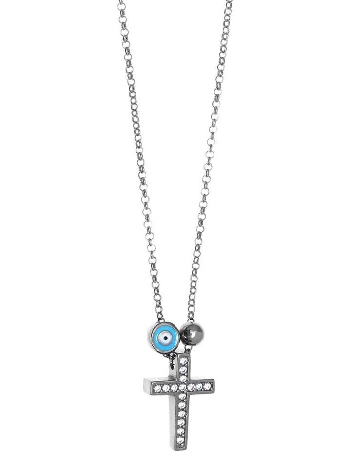 Tiny Shiny Cross Evil Eye & Zirconia Silver Necklace