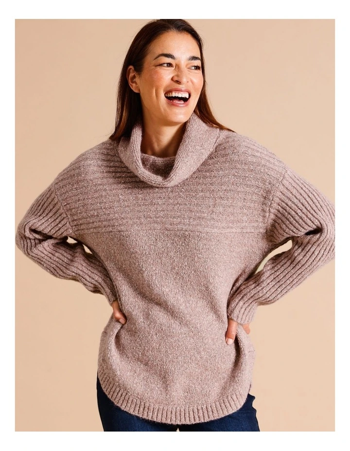 Recycled Polyester Blend Rib Yoke And Sleeve Cowl Neck Jumper In Pepperberry