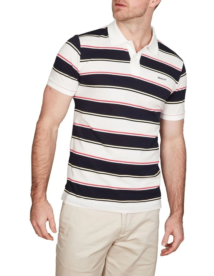 Multi Stripe Short Sleeve Pique Polo Shirt in White
