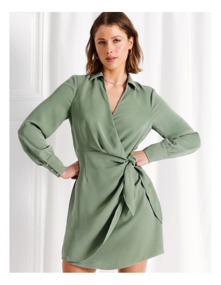 Recycled Blend Satin Mini Shirt Dress in Khaki