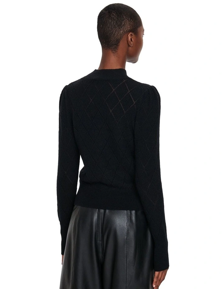 Diamond Pattern Puff Sleeve Knit Top in Black