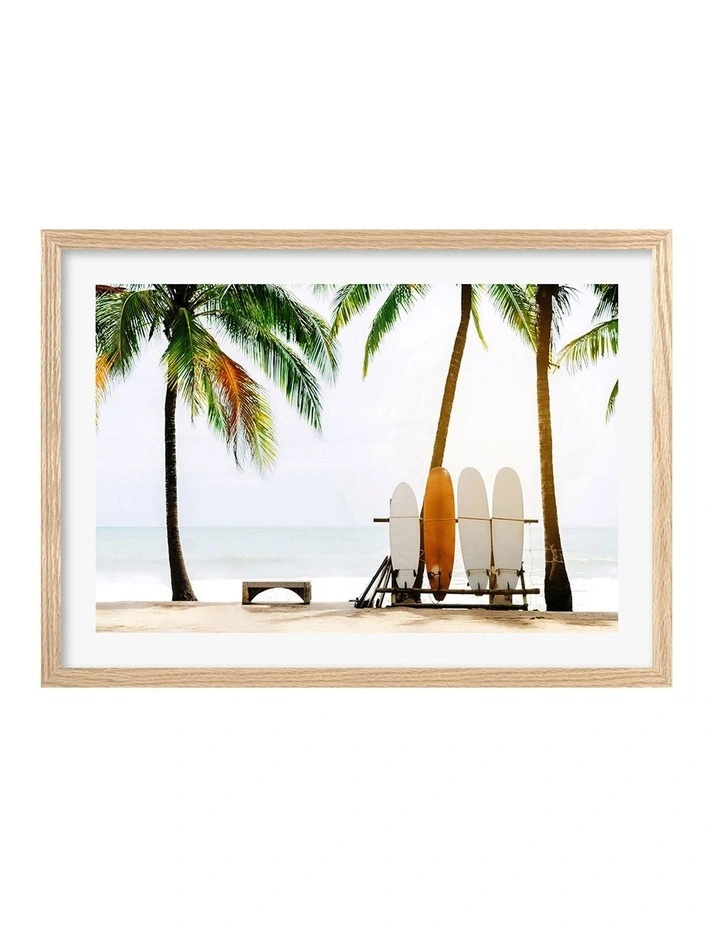 Australian Made Surfboards and Palms Art Print A3 in Natural Frame