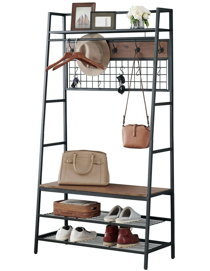 5-In-1 Hall Tree with Storage Bench & Hooks Brown