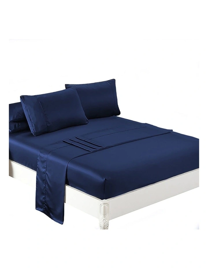 Silky Satin Double Fitted Flat Bed Sheet Set in Blue