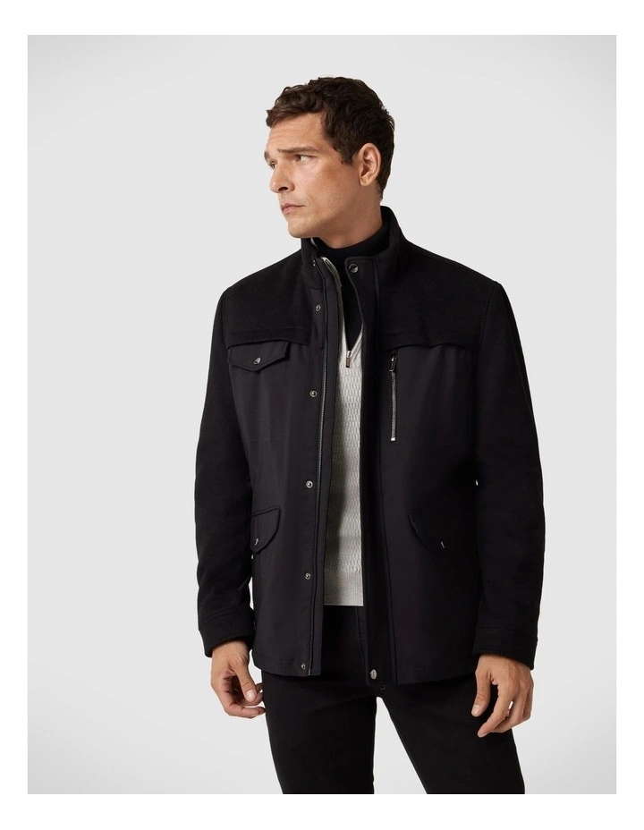 Funnel Neck Contrast Wool Blend And Tech Fabric Coat in Black
