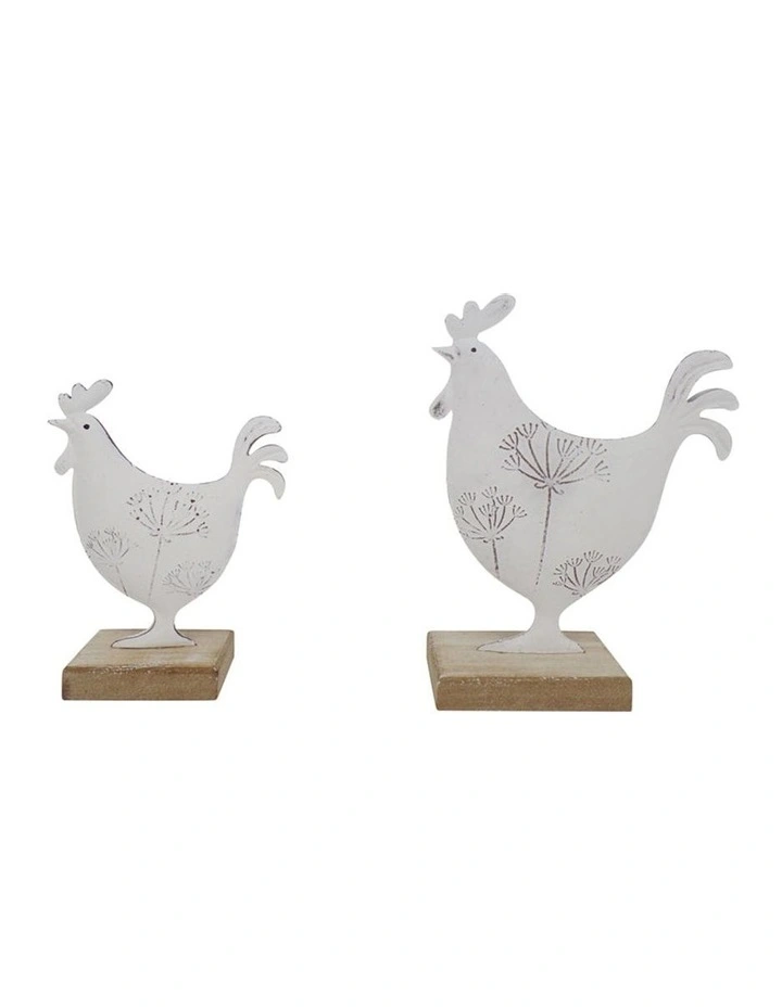 Set of 2 Flora Rooster Ornaments in Distressed White